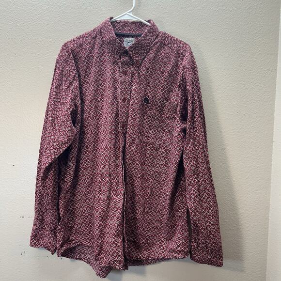 Cinch Mens Red Retro Geo Floral Print Button Down Shirt Western Ranch rodeo Sz L - Picture 1 of 6